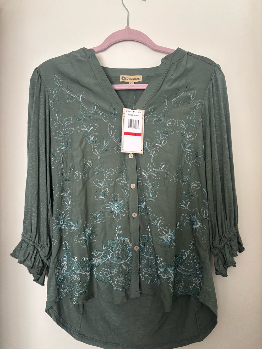 Democracy Green Embroidered V-Neck Button Front Top
